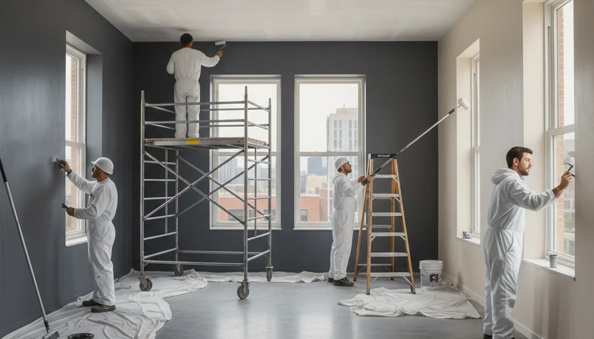 Commercial painting crew in Charlotte, NC applying protective exterior coatings on a business property