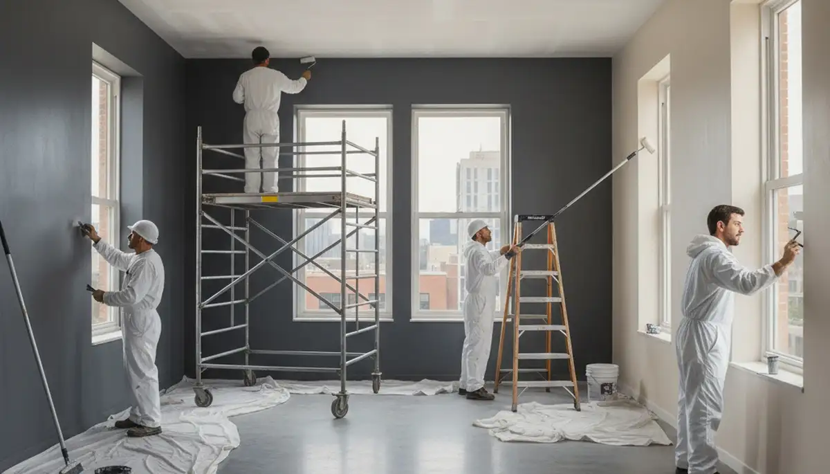 Commercial painting crew in Charlotte, NC applying protective exterior coatings on a business property