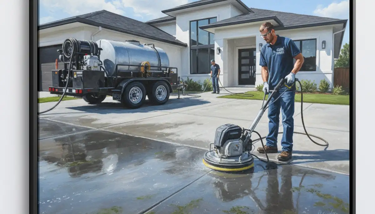 Charlotte, NC concrete pressure cleaning removing algae, mildew, and stains from driveway and patio surfaces