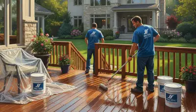Charlotte Paint Pros sealing a wooden deck in Charlotte, NC to protect against moisture and sun damage