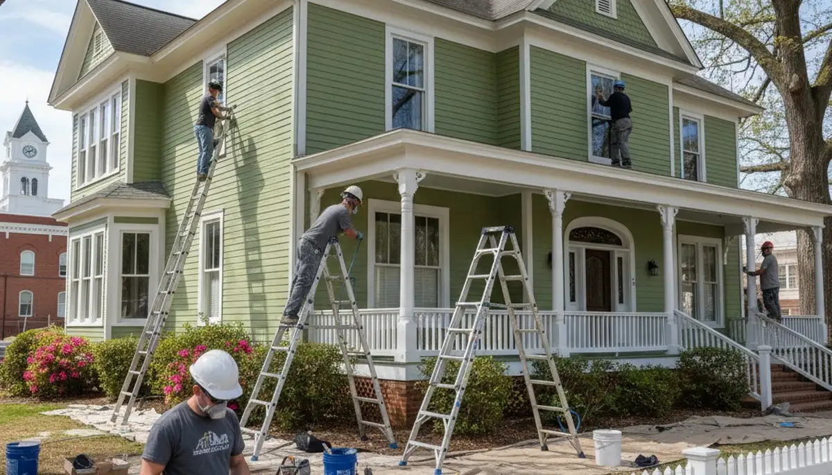 Painting contractors in Charlotte, NC preparing a home exterior for professional paint service