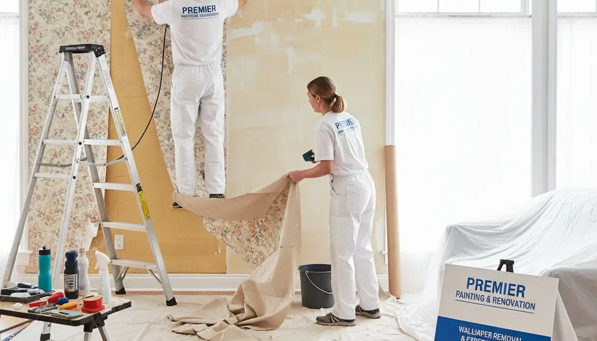 Charlotte Paint Pros removing wallpaper in Charlotte, NC, preparing walls for painting